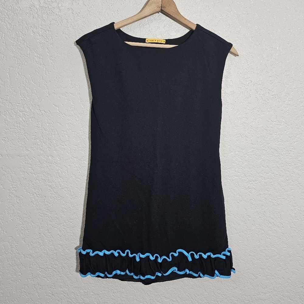 Alice + Olivia Black/Blue Ruffled Silk Lined Mini Dress